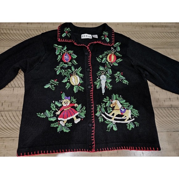B.P. Design Sweater L Black Embroidered Christmas Holiday Button Up Ramie Cotton - Picture 10 of 10